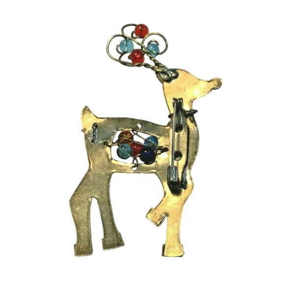 Retro Christmas Reindeer Brooch Silver & Multi Color Beaded Pin Holiday Festive - Picture 2 of 5